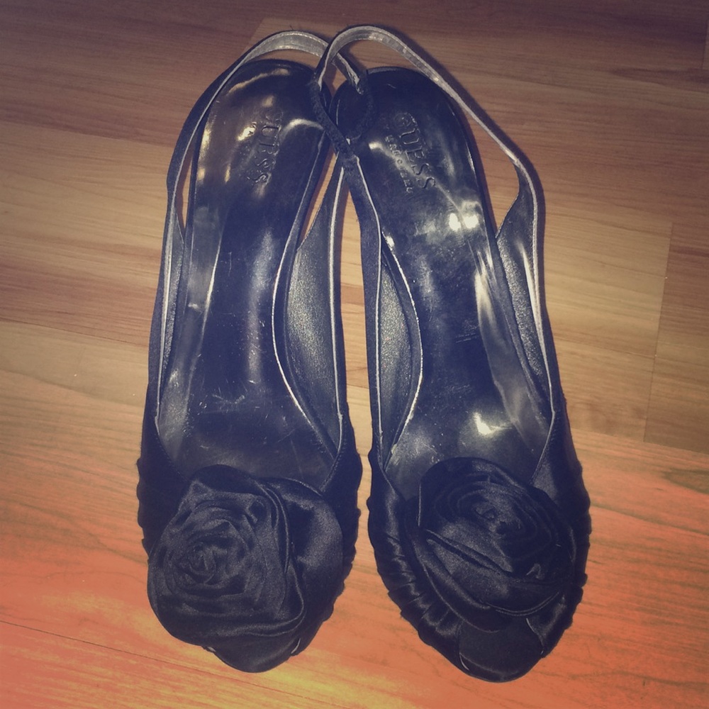Black Satin Peep-toe Heels by Marciano Gwnisadora